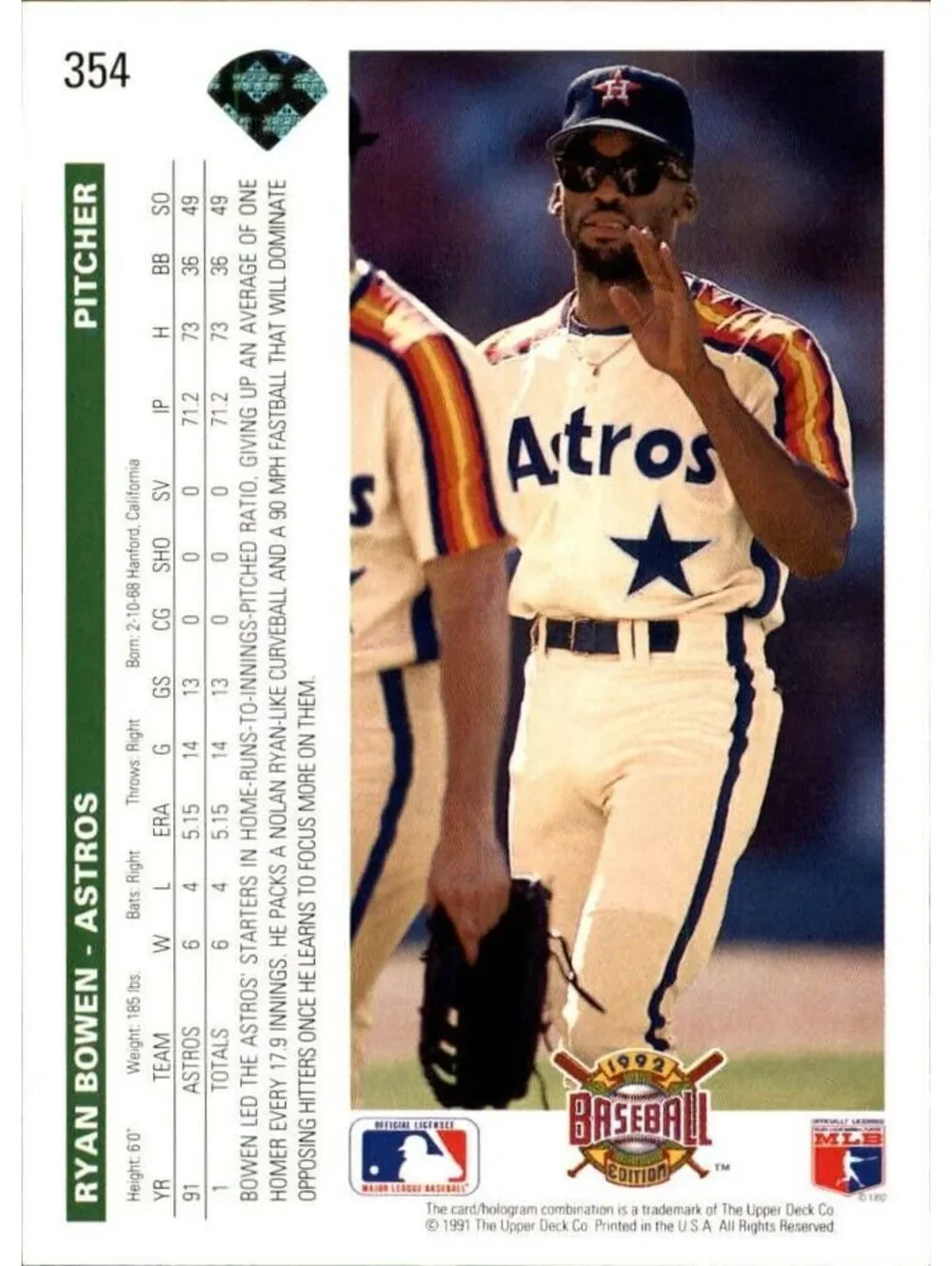 Ryan Bowen 1992 Upper Deck MLB #354 Baseball Card Houston Astros
